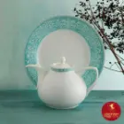 قوری سرویس چینی زرین 108 پارچه شهرزاد طرح ورونا فیروزه ای