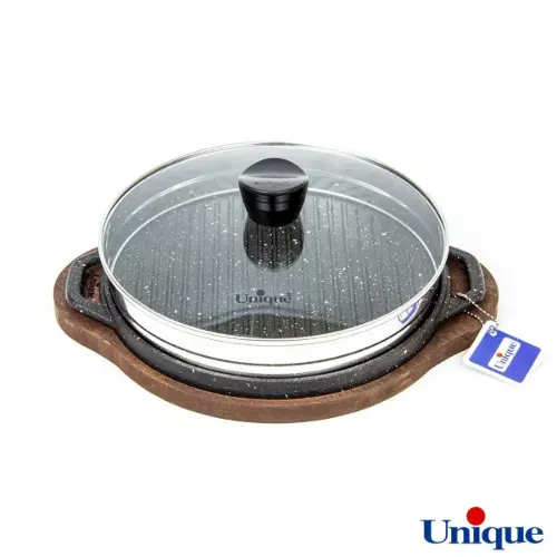 تابه گریل چدنی یونیک درب دار با زیره چوبی UN-6005