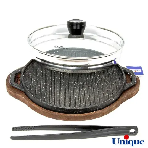 تابه گریل چدنی یونیک درب دار با زیره چوبی UN-6005