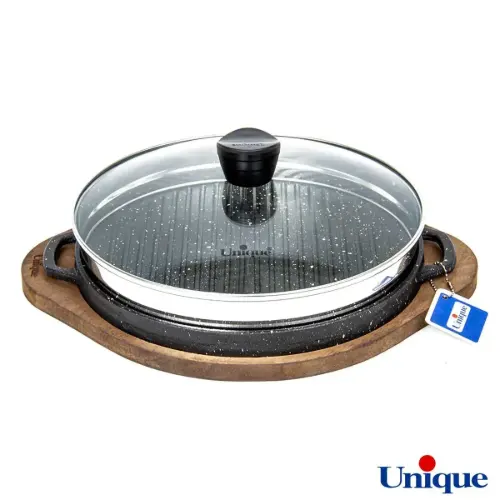 تابه گریل چدنی یونیک درب دار با زیره چوبی UN-6001