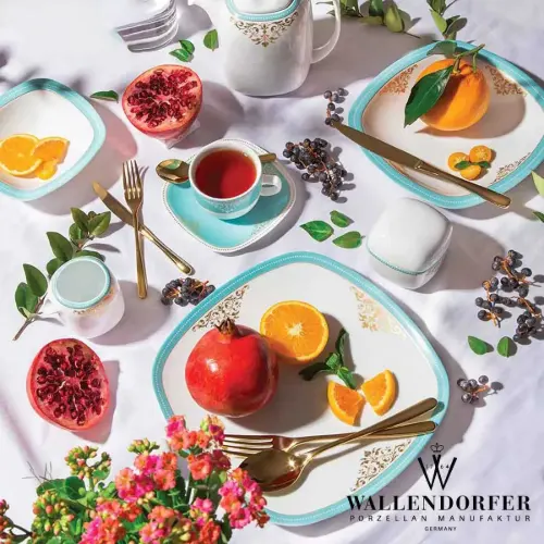 پذیرایی سرویس چینی والندورفر Wallendorfer کواترو طرح آرمیتاژ فیروزه ای 12 نفره