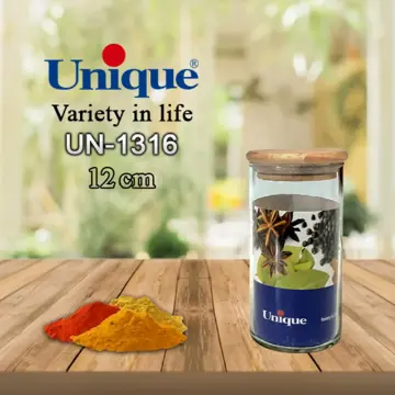 نمایش جزئیات برای ظرف ادویه شیشه ای درب چوبی یونیک 12 سانتیمتری UN-1316 بانکه شیشه ای 12 سانتیمتری یونیک UN-1316