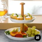 ظرف پذیرایی دو طبقه چینی زرین (Zi) سفید با پایه چوبی