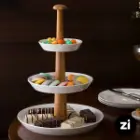 ظرف پذیرایی سه طبقه چینی زرین (Zi) سفید با پایه چوبی