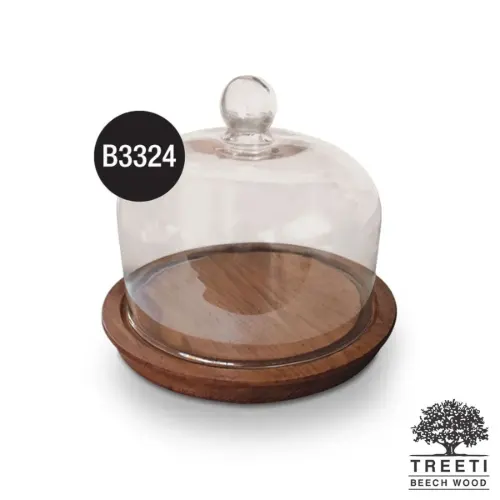 ظرف کیک چوبی لبه باریک پایه دار با درب شیشه ای تیریتی کوچک B3324