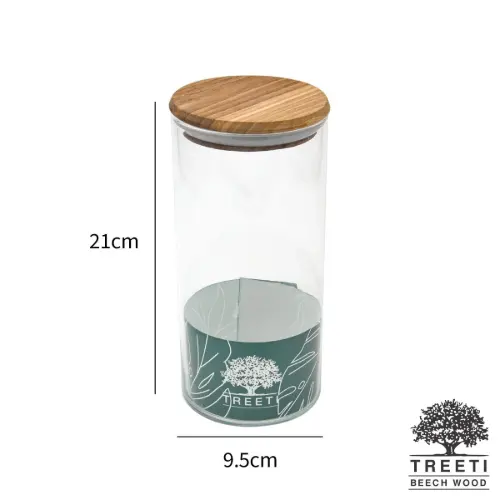 بانکه ادویه شیشه ای با درب چوبی تیریتی قطر 10 ارتفاع 20 مدل G 5012