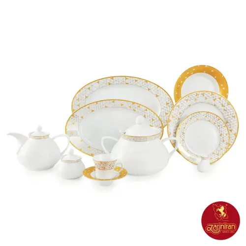 سرویس با کیفیت چینی زرین شهرزاد طرح ژئومتریکال طلایی12 نفره 108 پارچه