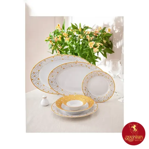 اقلام سرویس چینی زرین شهرزاد طرح ژئومتریکال طلایی12 نفره 108 پارچه