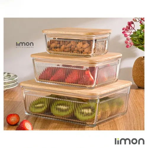 ست ظرف شیشه ای مستطیل درب چوبی شیاردار  لیمون