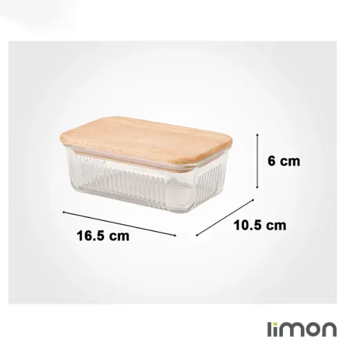 ست ظرف شیشه ای مستطیل درب چوبی شیاردار  لیمون