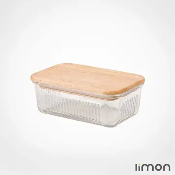ظرف شیشه ای شیاردار 450 میلی لیتر درب چوبی لیمون 2190