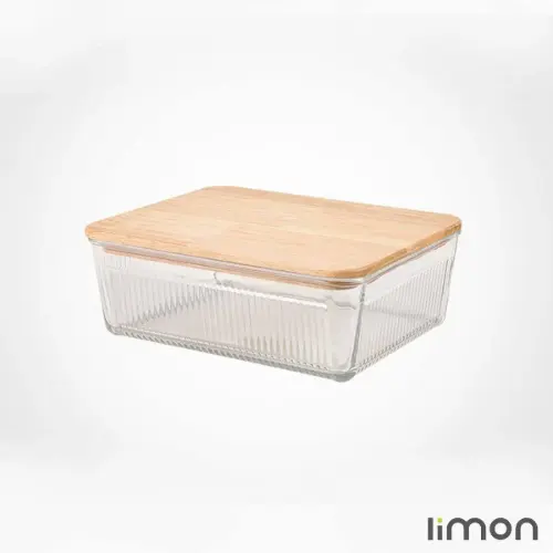 ظرف شیشه ای شیاردار 1.1 لیتر درب چوبی لیمون 2191
