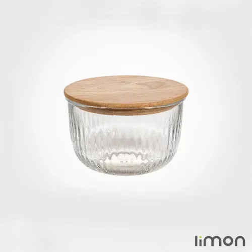 کاسه گرد شیشه ای لیمون 970 میلی لیتر درب چوبی 2176
