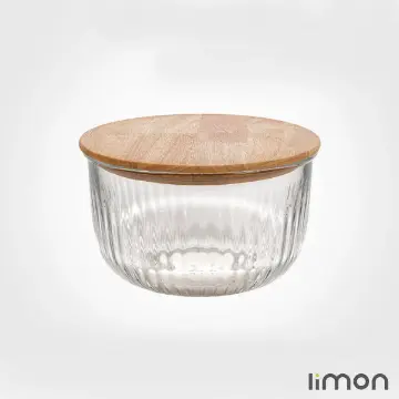 کاسه گرد شیشه ای لیمون 1.8 لیتر درب چوبی 2177