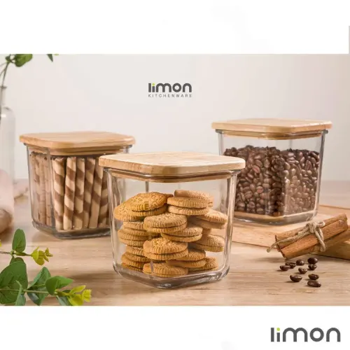 ظرف شیشه ای 860 میلی لیتر درب چوبی لیمون 2189