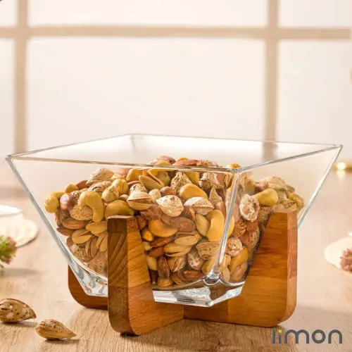 کاسه شیشه ای پذیرایی پایه چوبی لیمون 2172