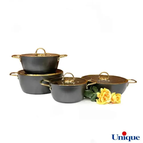 خرید سرویس قابلمه یونیک طوسی 8 پارچه درب فلت طلایی UN-8309