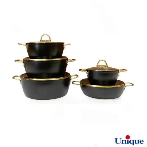 سرویس قابلمه یونیک مشکی 10 پارچه درب منحنی طلایی UN-8329