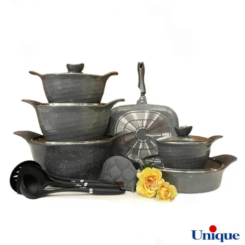 سرویس قابلمه گرانیتی یونیک 15 پارچه طوسی نقره ای رز UN-7977