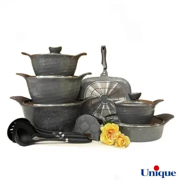 سرویس قابلمه گرانیتی یونیک 15 پارچه طوسی نقره ای رز UN-7977