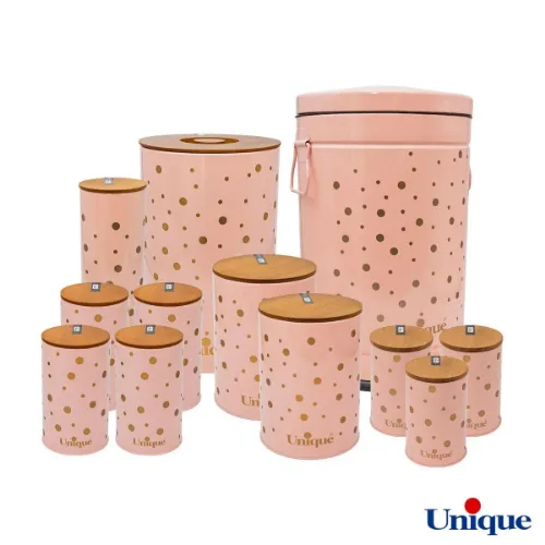 سرویس 12 پارچه فانتزی صورتی خالدار طلا درب بامبو یونیک UN-8043