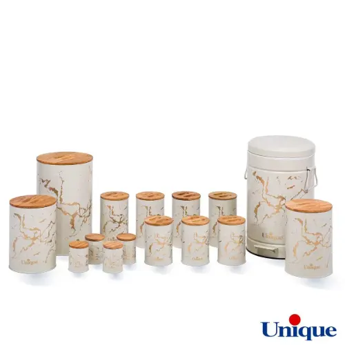 سرویس آشپزخانه یونیک 15 پارچه UN-8004 کرم ماربل درب بامبو