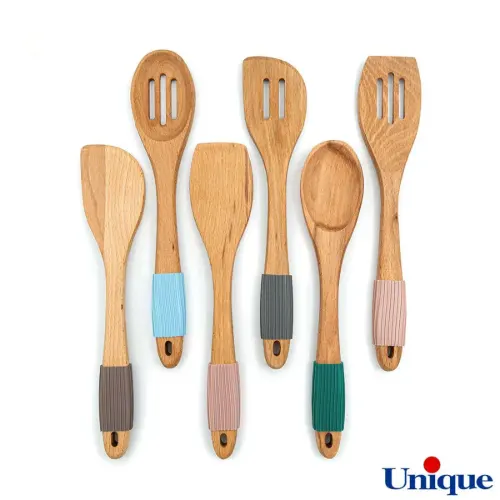خرید قاشق و کفگیر یونیک چوبی دسته سیلیکون UN-1110
