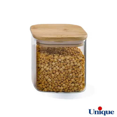 بانکه شیشه ای 10 سانتیمتری مربع درب چوبی یونیک مدل UN-1764