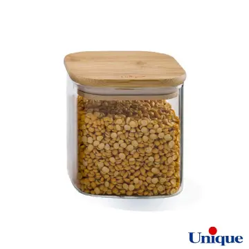 بانکه شیشه ای 10 سانتیمتری مربع درب چوبی یونیک مدل UN-1764
