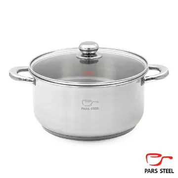 نمایش جزئیات برای قابلمه پارس استیل سایز 28 کف سه لایه با درب پیرکس قابلمه 280 دسته فلزی (کف سه لایه) با درب پیرکس پارس استیل