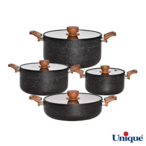 سرویس قابلمه 8 پارچه یونیک مدل رویال مشکی کف گرانیت درب سیلیکون دسته چوبی UN-8184