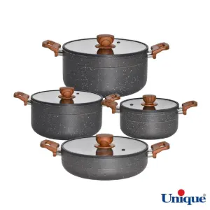 سرویس قابلمه 8 پارچه یونیک مدل رویال طوسی کف گرانیت درب سیلیکون دسته چوبی UN-8186