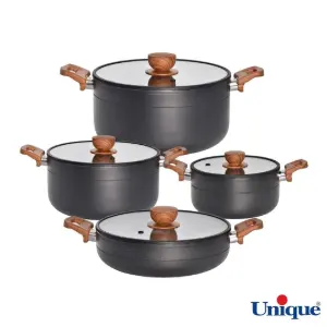 سرویس قابلمه 8 پارچه یونیک مدل رویال طوسی درب سیلیکون دسته چوبی UN-8190