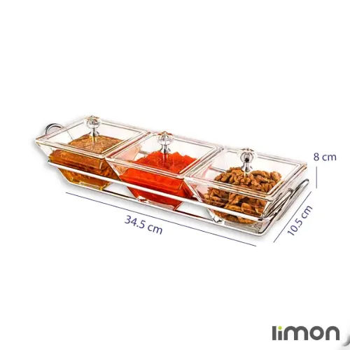 اردورخوری شیشه ای لیمون پایه استیل سه خانه مربع