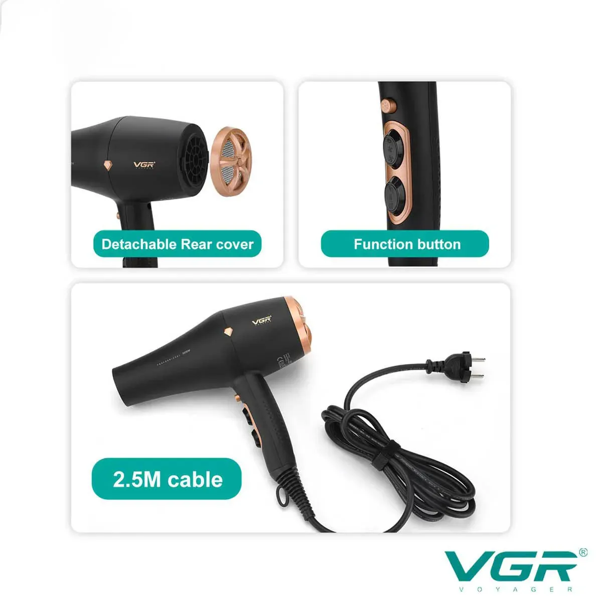 سشوار 2600 وات وی جی آر 462 به کلید تنظیم سرعت مجهز شده 